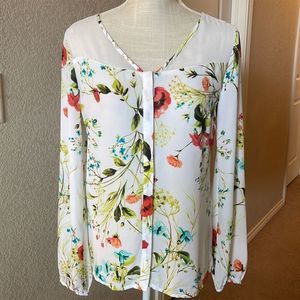Worthington Women's Small White Floral Long Sleeve Button Down Blouse Shirt